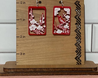 Japanese "Hanafuda" style dangle earrings - "February 2" (Wood or Acrylic)