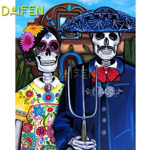 May include: A painting of two skeletons dressed in traditional Mexican clothing. The woman is wearing a colorful floral dress and the man is wearing a blue suit with a red bow tie. They are holding a pitchfork.