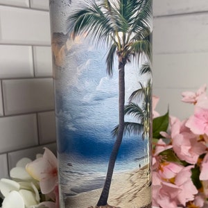 Glittery Beach, 20 oz Tumbler with lid and straw, Palm Trees, insulated, anti-skid silicone bottom, optional matching coaster