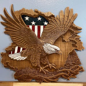 3D Bald Eagle, USA Flag, Laser engraved wall hanging