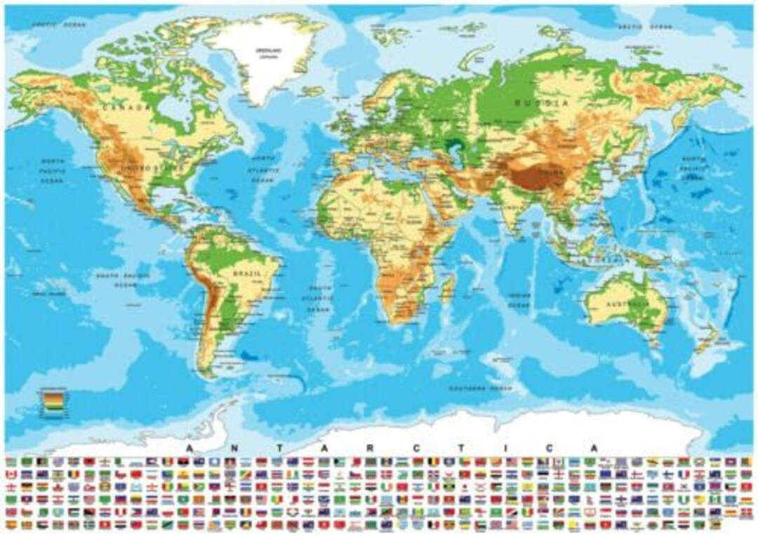 Map of the World A0 A1 A2 A3 Poster Print Globe Wall Art With Flags ...