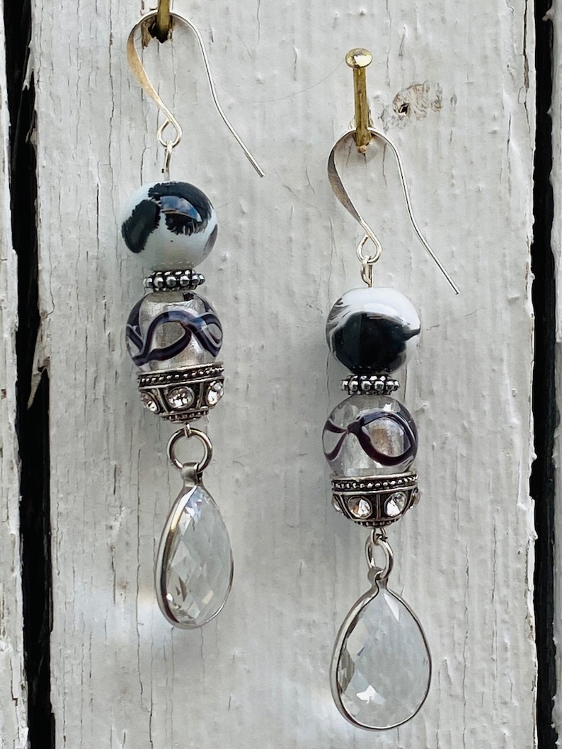 Black and White Glass Beads with a Faceted Glass Charm