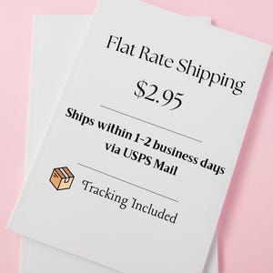 May include: Two white paper sheets with the text "Flat Rate Shipping" and "Tracking Included" printed in black. The text "$2.95" is also visible. The background is a solid pink color.