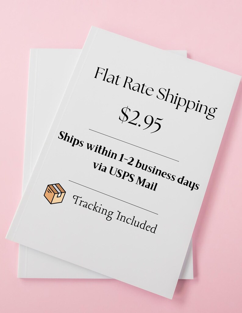 May include: Two white paper sheets with the text "Flat Rate Shipping" and "Tracking Included" printed in black. The text "$2.95" is also visible. The background is a solid pink color.