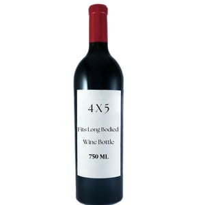 May include: A dark wine bottle with a red top and a white label. The label reads "4X5 Fits Long Bodied Wine Bottle 750 ML". The bottle is designed to hold 750 milliliters of wine.