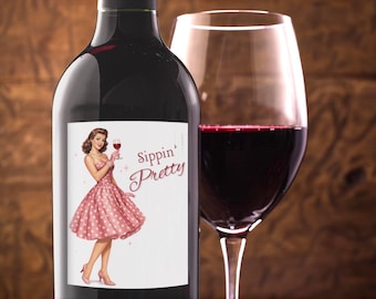 Retro "Sippin' Pretty" Wine Label - 1950s Style, Peel & Stick