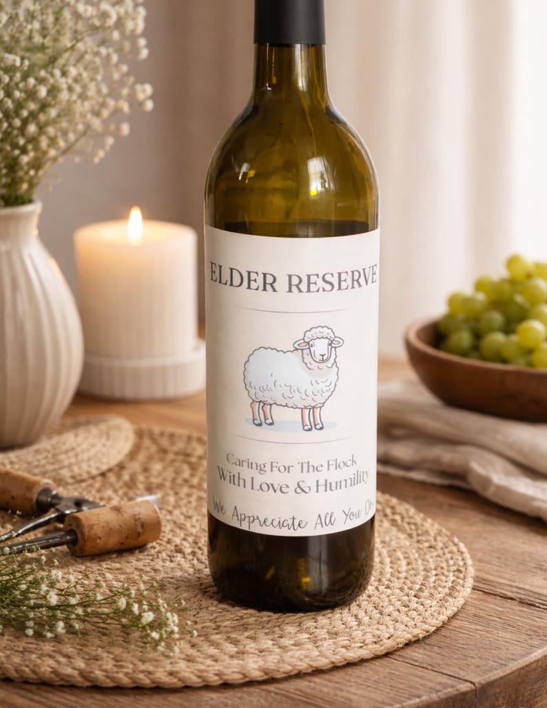 May include: A green wine bottle with a label that reads "ELDER RESERVE" and features a cartoon sheep. The label also includes the text "Caring For The Flock With Love & Humility We Appreciate All You Do". The bottle is on a wooden surface.
