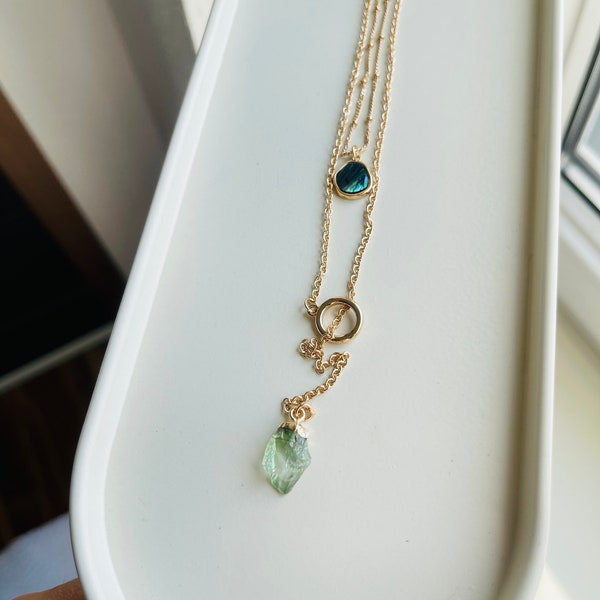 Gold chain with stone pendant turquoise - multi-stranded gold chain with pendant - gold chain multi-stranded - stone as chain pendant - healing stone