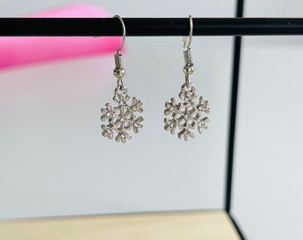 Silver Snowflake Dangle Earrings - Silver Snowflake Charm - Gift for Her - Christmas Gift Jewelry - Christmas Earrings