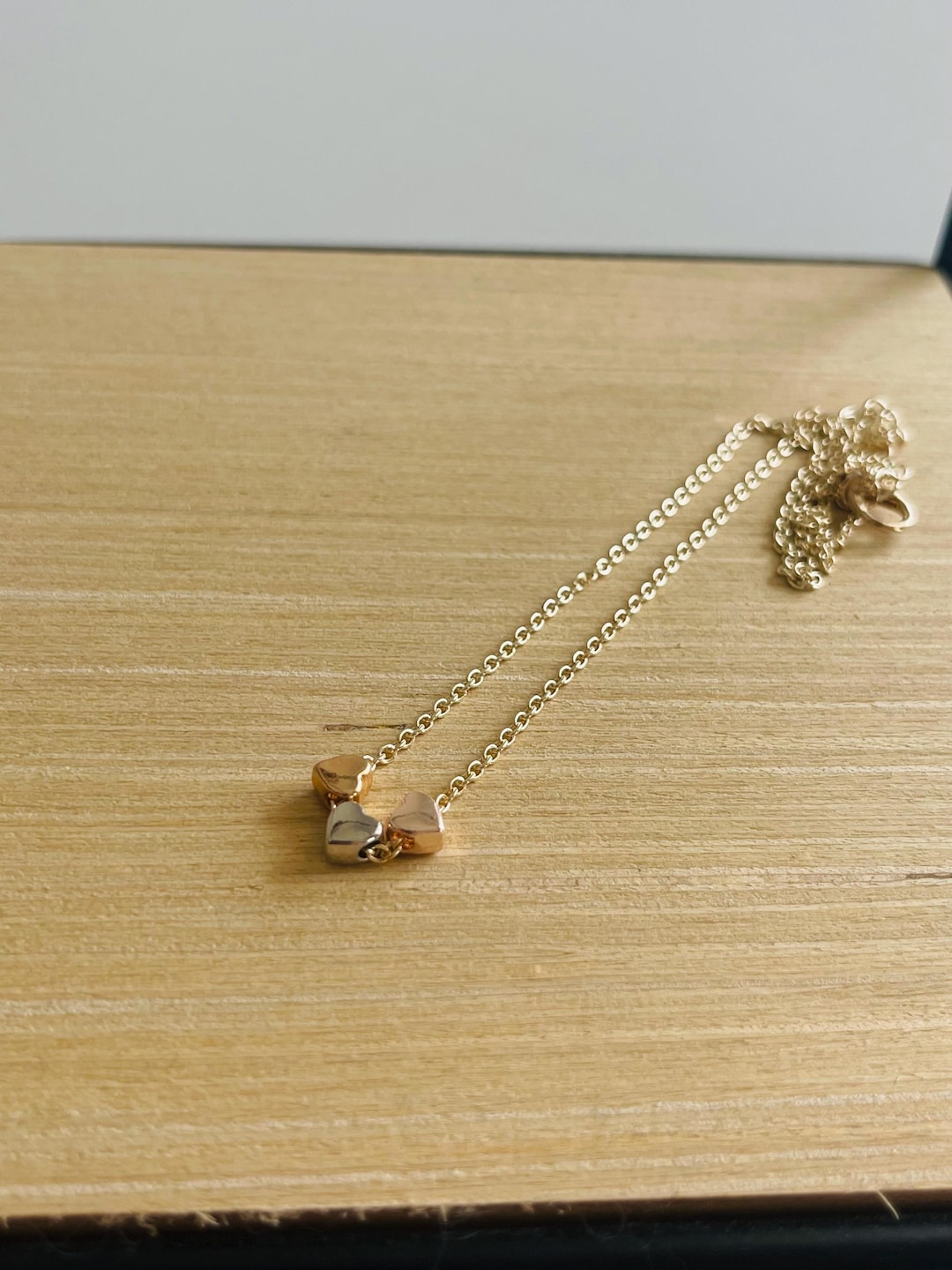 Gold Chain With 3 Heart Pendants in Silver Gold and Rose Gold Chain