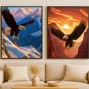 Majestic Eagle Wall Art Set of 2 | Bald Eagle Flying Over Mountains & Sunset | Wildlife Printable Digital Poster
