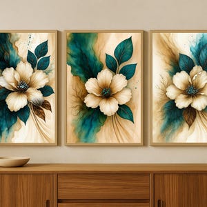 Beige Teal Floral Wall Art Set of 3 | Elegant Watercolor Botanical Prints | Modern Digital Flower Decor for Bedroom or Living Room