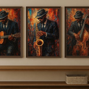 Jazz Musician Wall Art Set of 3 | Vintage Abstract Music Poster | Saxophone Guitar Bass Printable Art Decor