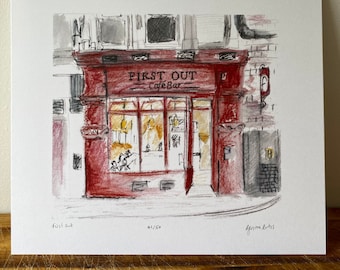 May include: A hand-drawn illustration of a red brick building with a shop front. The shop front has a sign that reads "First Out Cafe Bar". The windows are lit up and there are people inside. The illustration is in a pencil and watercolour style.