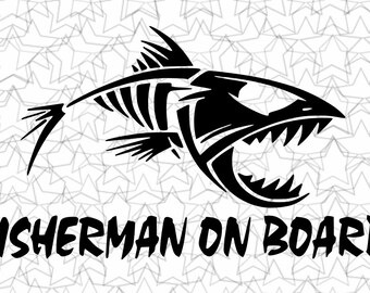 Pescador a bordo Pez hueso Pesca Calcomanía Vinilo Pegatina Tatuaje Barco Camper RV Travel Trailer Camión Vehículo Coche Ventanas Vidrio