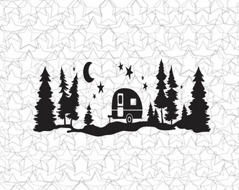 Camper Starry Forest Calcomanía vinilo Pegatina Tatuaje Loving Camping For Camper RV Travel Trailer Truck Vehicle Car Windows Glass