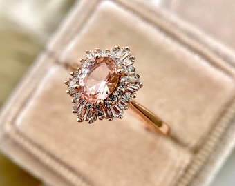 Pink Morganite Vintage Ring, Peach Engagement Ring, Rose Gold Vermeil Ring Sterling Silver Statement Promise Ring Anniversary Gift for Her
