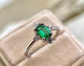 Victorian Emerald Promise Ring, Vintage Engagement Ring Green Gemstone, March Birthstone Anniversary Gift for Her, Emerald Cut, 925 Silver