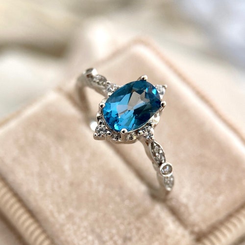 Blue Engagement Ring Vintage Aquamarine Ring Dainty Art Deco Etsy UK