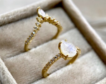 Moonstone Pear Engagement Ring Set, Crown Band Vintage Promise Ring, 14K Gold Veneer Tiara Gemstone Sterling Silver Teardrop Birthday Gift