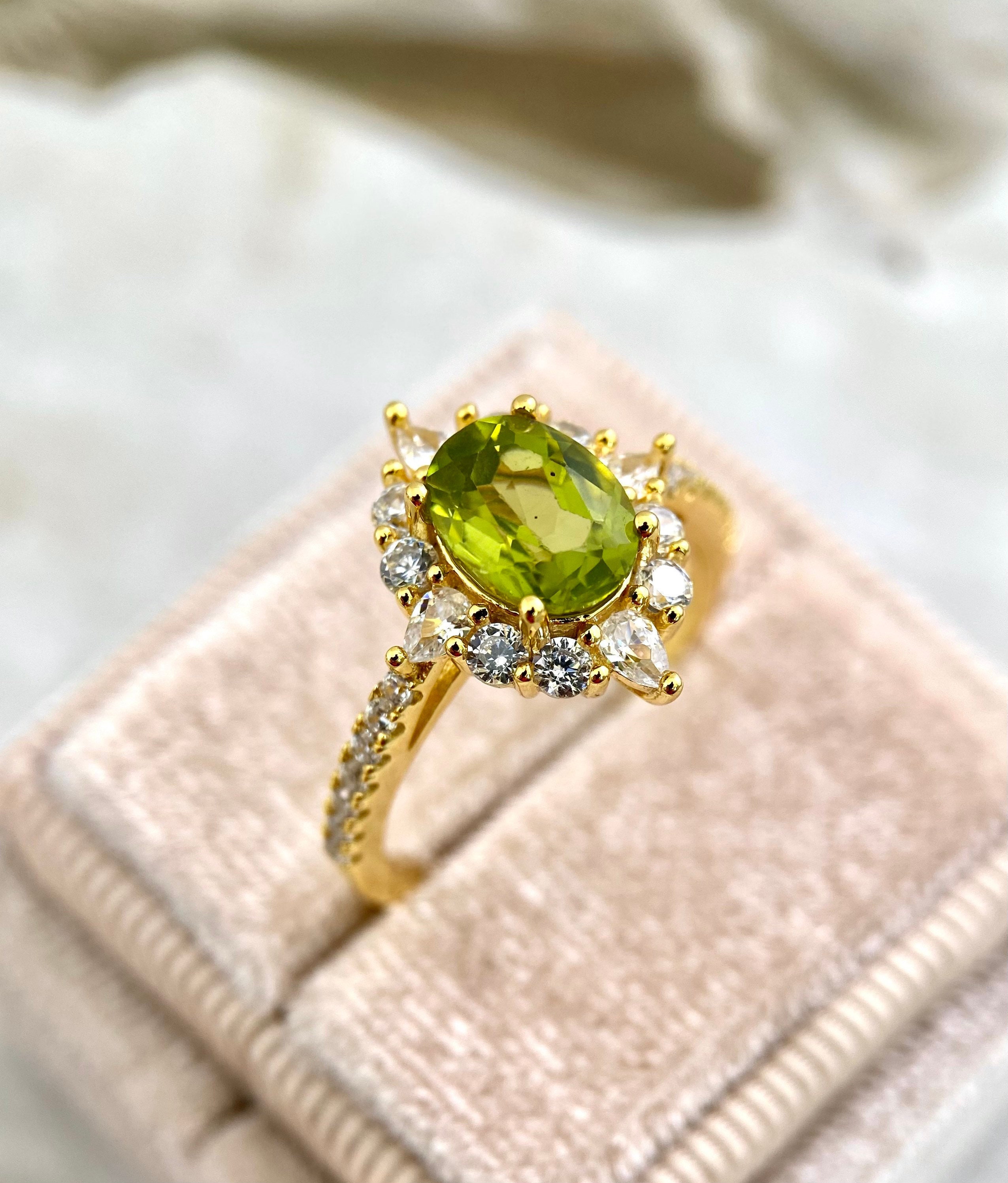 925 Sterling Silver, Petite Natural Ring, Etsy Birthstone Ring, 14K August Gift Engagement Gold Peridot Vintage - Dainty Vermeil Gold Promise Olive