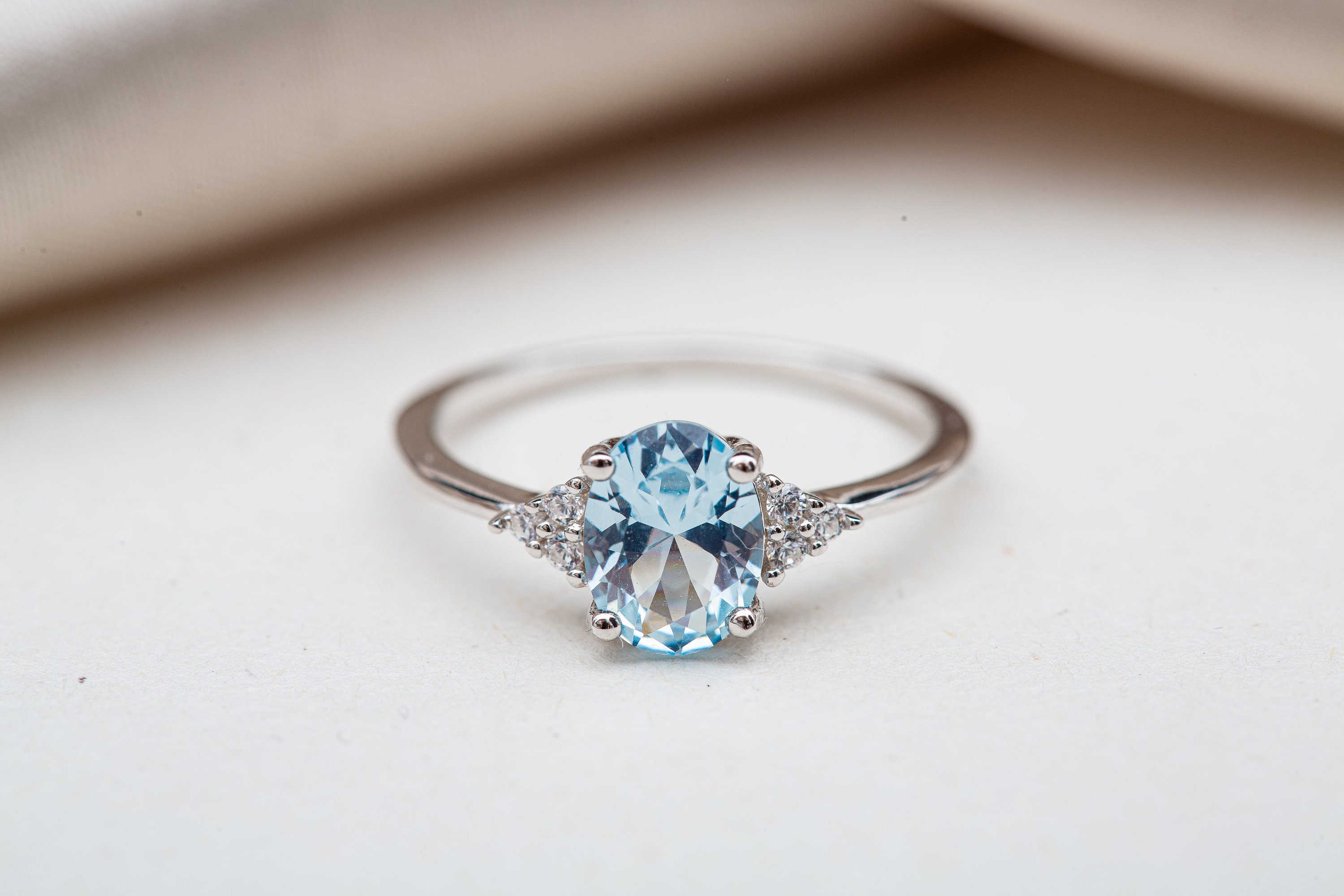 Ocean Blue Engagement Ring Oval Aquamarine Promise Ring Birthday