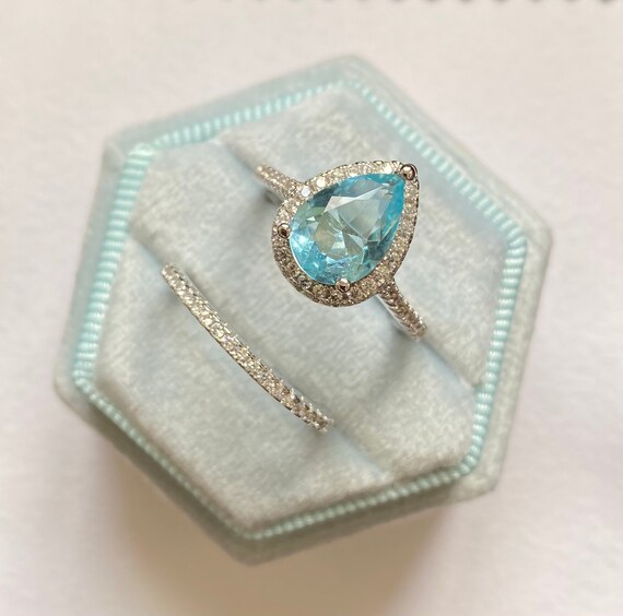 Aquamarine Ring Set Pear Cut Ring and Wedding Band Promise - Etsy UK