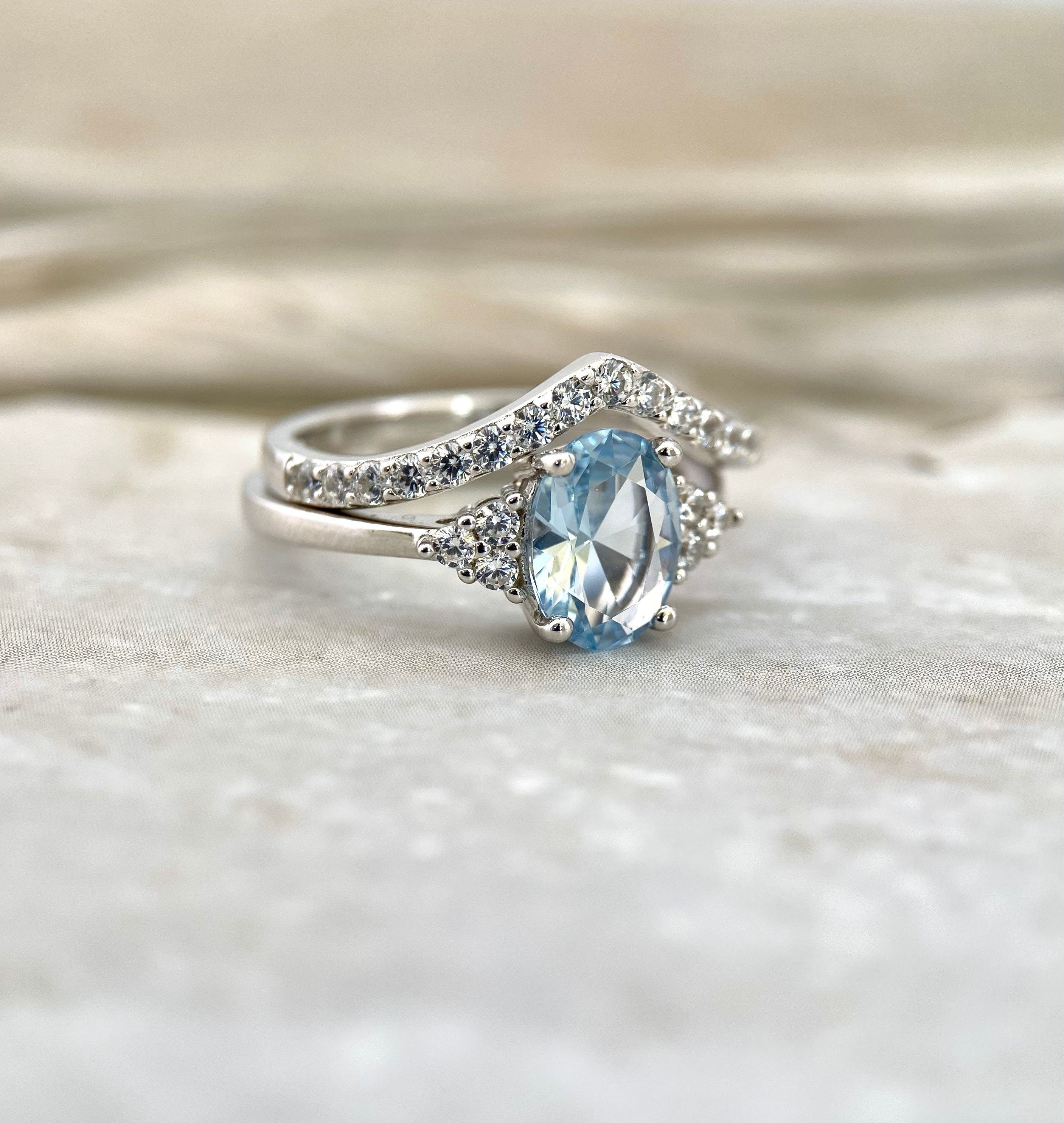 Blue Promise Ring Set Vintage Unique Boho Ring Birthday Gift for Her Sterling Silver Vintage Aquamarine Cluster Ring Set Jewellery Rings Wedding & Engagement Promise Rings March Birthstone 
