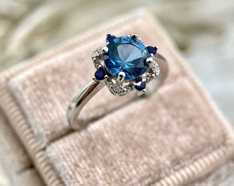 Sapphire Engagement Ring, Round Cut Blue Promise Ring, Sterling Silver Anniversary Ring, London Blue Sapphire Jewelry, Birthday Gift for Her