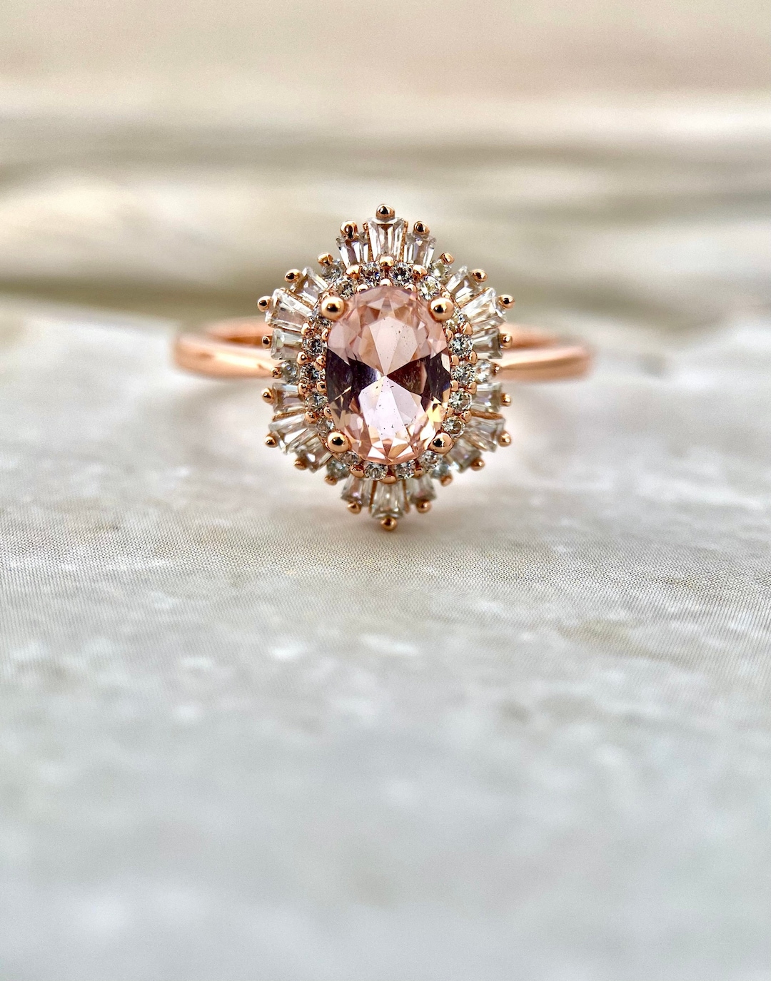 Art Deco Morganite Promise Ring, Peach Vintage Rose Gold Vermeil Ring ...