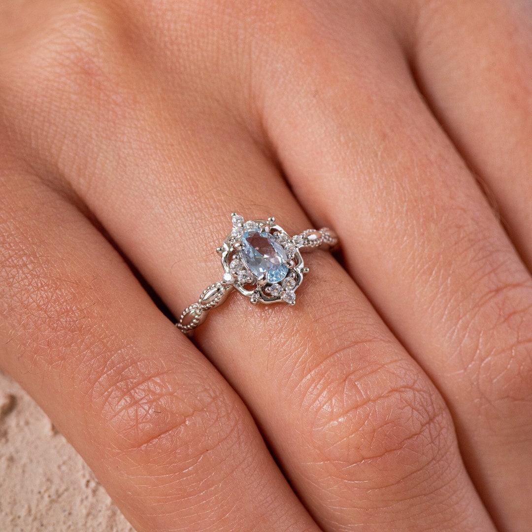 Blue Vintage Engagement Ring, Victorian Aquamarine Gemstone Ring