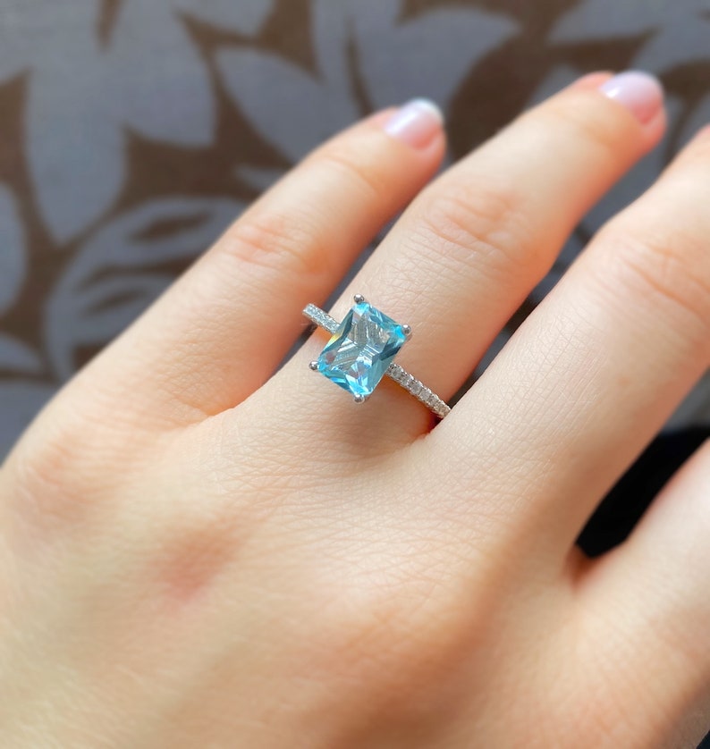 Aquamarine Solitaire Ring Promise Ring Emerald Cut Ring Etsy