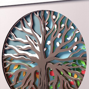 Plantilla de caja de sombras SVG de árbol genealógico de 4 estaciones, caja de sombras SVG 3D, decoración de pared familiar de bricolaje, corte de papel de cartulina en capas para Cricut, cuatro estaciones