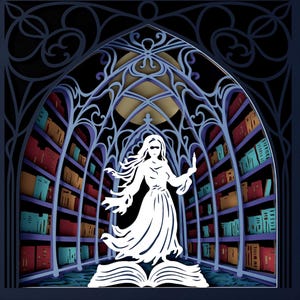 Könnte beinhalten: Gerahmtes Papierkunstwerk mit einem geschichteten Design einer Bibliotheksszene. Eine weiße Silhouette einer Frau steht auf einem offenen Buch, mit Bücherregalen auf beiden Seiten. Der Rahmen ist dunkelgrau und der Hintergrund ist tiefblau.