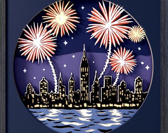 Fireworks Shadow Box SVG : 3D Cityscape Paper Cut Template (Digital Download)
