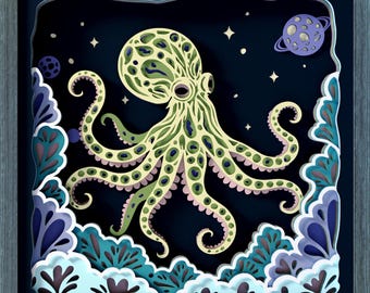 Celestial Octopus Shadow Box SVG Template: 3D Fantasy Wall Art (Digital Files)