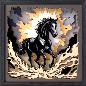May include: A framed paper art piece featuring a black horse in motion, set against a backdrop of layered paper in shades of gold, gray, and brown. The artwork is in a dark gray frame. The image includes the text "SVG", "DXF", "EPS", "PDF", and "CutCute Paper".