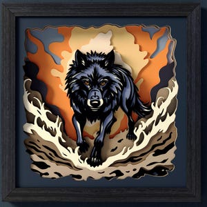 May include: A layered paper art piece in a dark frame featuring a black wolf centered against an orange and cream background. The design includes text labels for SVG, DXF, EPS, and PDF file formats on the left, and the text CutCute paper below.