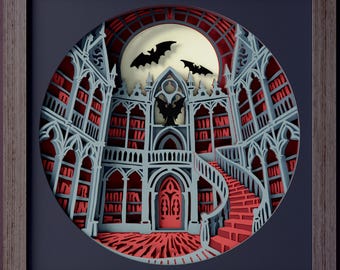 Dracula's Library Shadow Box SVG | Vampire Gothic Bookshelf | Dark Academia Paper Cut | Halloween Bat Moon | Cricut Silhouette