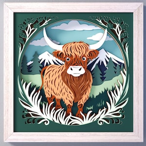 Modèle SVG Highland Cow Shadow Box, superposition de couches SVG, art mural en couches, décoration d'animaux de la ferme, décoration murale bricolage, Highland écossais roucoulant