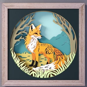 Modèle SVG Fox Shadow Box, cadre en couches de papier découpé Woodland Art pour Cricut et Silhouette, décoration murale de cabine bricolage