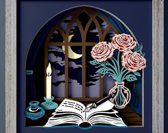 Writer Desk at Midnight SVG, Gothic Reading Nook Shadow Box, Dark Academia Layered Paper Art Cricut File