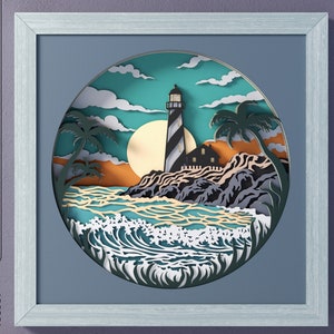 Modello di scatola ombra SVG per faro, scatola ombra SVG 3D, carta cartoncino a strati tagliata per Cricut, paesaggio nautico, rocce della spiaggia al tramonto SVG