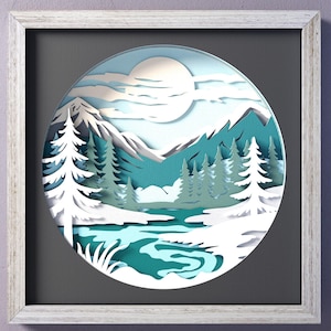 Modèle SVG de boîte d'ombre de montagnes d'hiver, boîte d'ombre de paysage enneigé 3D SVG, décoration murale bricolage, projet de papier cartonné en couches pour Cricut