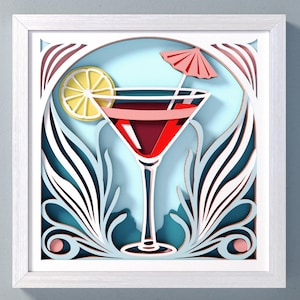 Modello di scatola ombra SVG per cocktail, arte murale fai da te in 3D SVG per cucina, carta cartoncino a strati tagliata per Cricut, arredamento per cucina