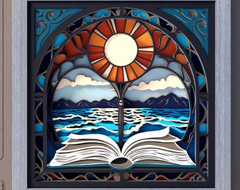 Ocean Sunset Book Shadow Box SVG – Layered Papercut Template (Digital Download)