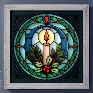 May include: A framed stained glass design featuring a candle with a flame, surrounded by holly and berries. The design is set within a circular pattern of blue, green, and red glass, framed in a white wooden frame. The image includes the text "SVG", "DXF", "EPS", and "PDF".