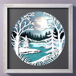 Modèle SVG hiver shadow box, 3D SVG paysage shadow box, décoration murale bricolage, projet de papier cartonné en couches pour Cricut