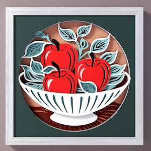 Modèle de boîte d'ombre SVG pommes, 3D SVG art mural cuisine bricolage, papier cartonné en couches découpé pour Cricut, décoration de cuisine, bol de fruits svg