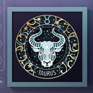 Modelo de caixa de sombra SVG do signo do zodíaco Touro, Touro, estrelas, signo astrológico 3D SVG Caixa de sombra, design celestial Papel cartão cortado para Cricut